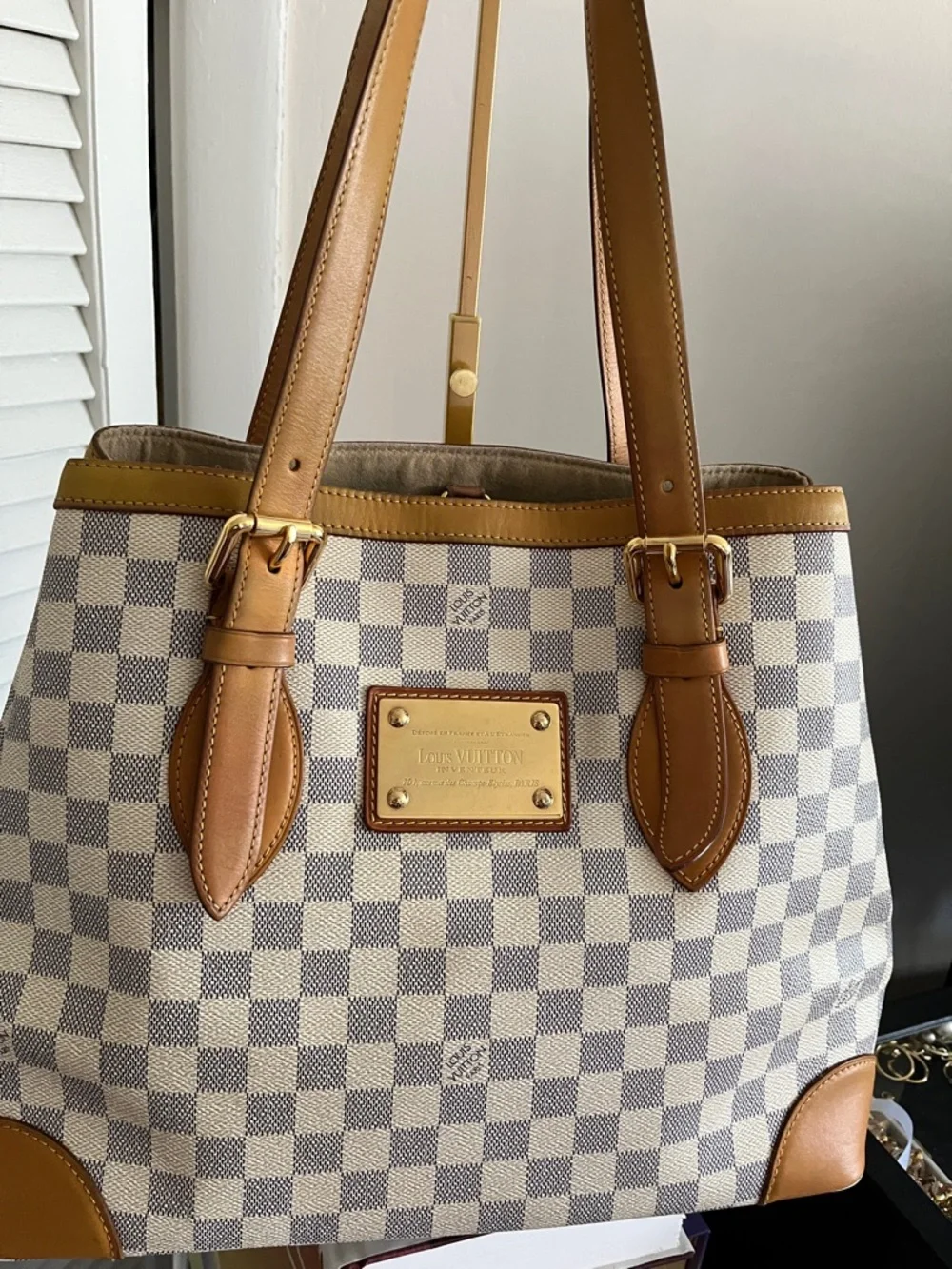 Damier Azur Hamptead MM leather Tote with Tan Leather Trims - Picture 1 of 15